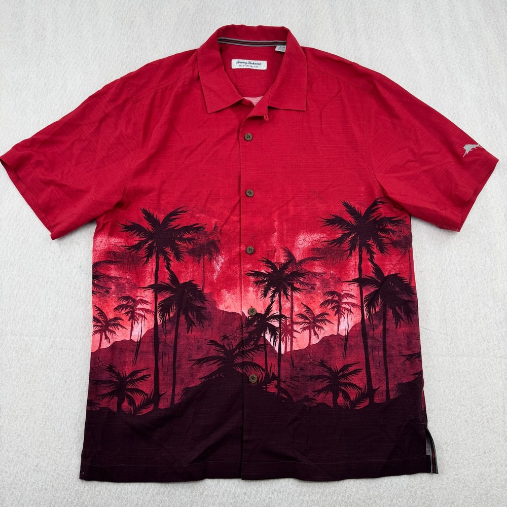 Tommy Bahama Veracruz Cay Mens M Red Palm Tree Sunset Viscose Camp Shirt Coastal